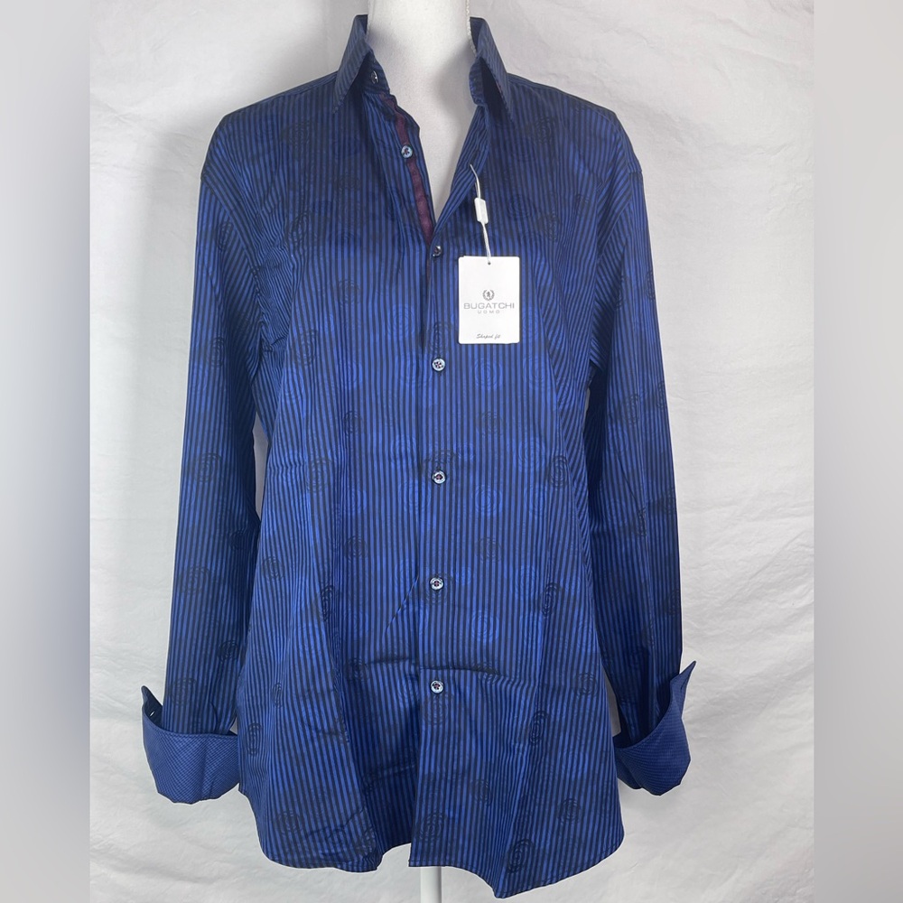 Bugatchi-Men's Button Up Dress Shirt-Blue & Black Striped-Large-Cotton